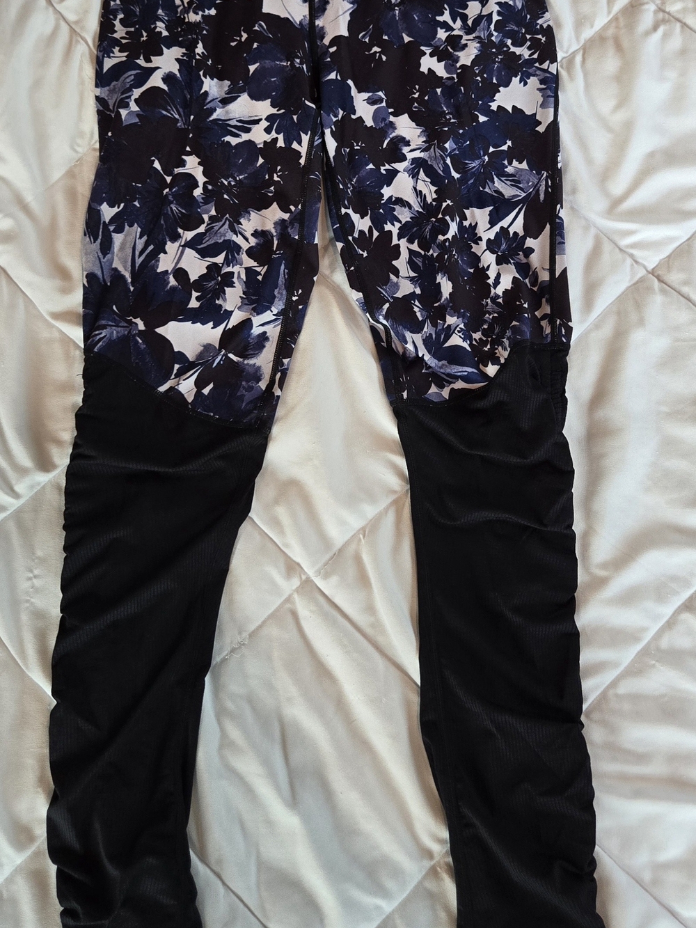 Fabletics Navy Floral Print Leggings with Black Panels
